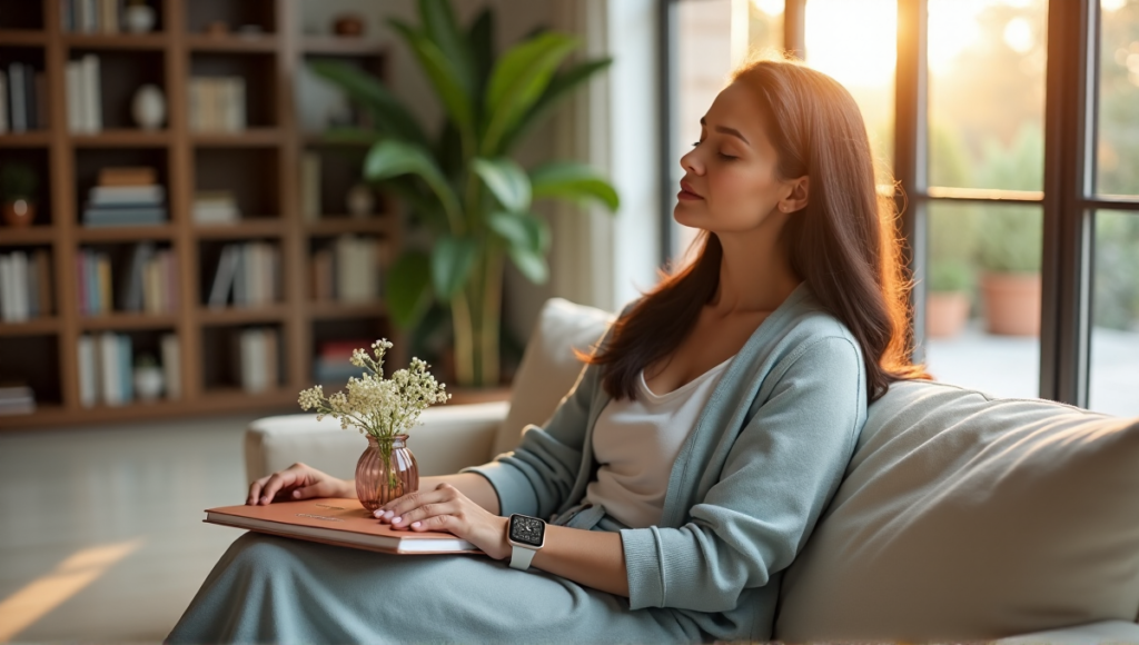 "A serene woman sits on a couch surrounded by wellness tech, self-help books, and calming elements in a peaceful living room."
