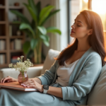 Discover Essential Mental Wellbeing Gadgets for a Smarter You "A serene woman sits on a couch surrounded by wellness tech, self-help books, and calming elements in a peaceful living room."