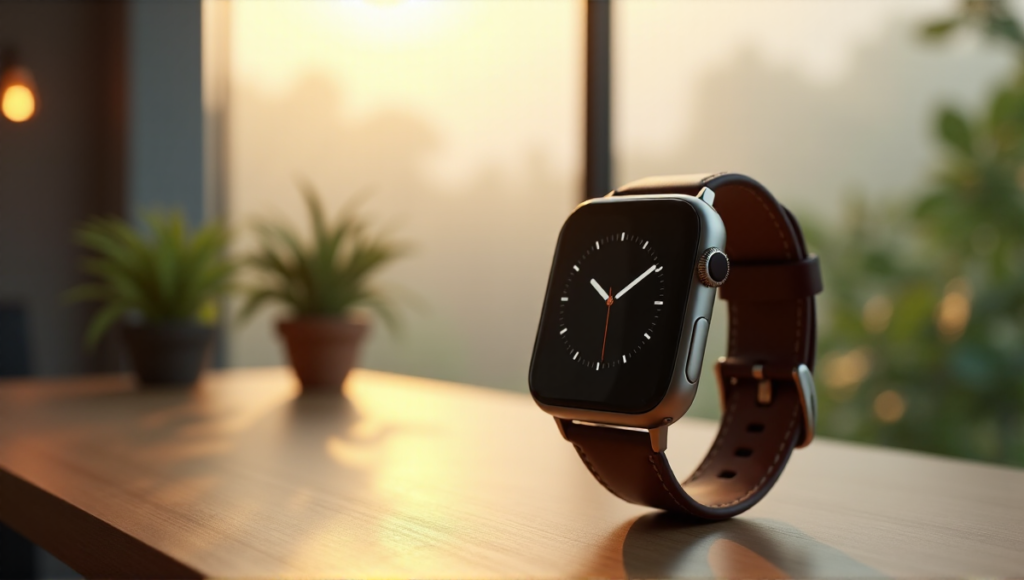 "A sleek silver smartwatch on a minimalist wooden desk in a modern living room, surrounded by lush greenery and natural light, emphasizing wellness and personal health."