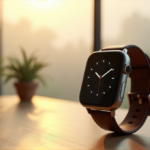 Your Personal Health Assistant: Essential Wellness Tech for a Smarter You "A sleek silver smartwatch on a minimalist wooden desk in a modern living room, surrounded by lush greenery and natural light, emphasizing wellness and personal health."
