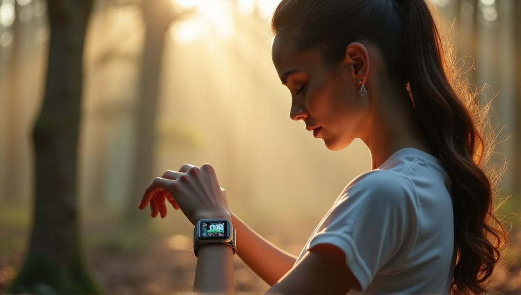 "A young woman wearing a sleek health monitoring wearable device on her wrist, surrounded by a misty morning forest with soft golden light."