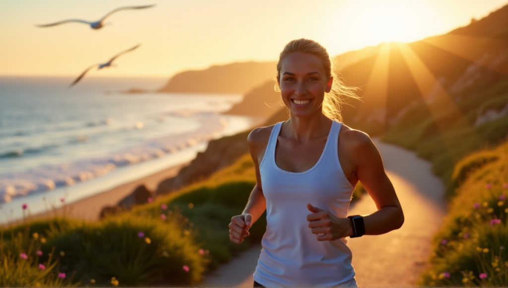 "A person running along a scenic coastal path during golden hour, wearing a sleek black fitness tracker on their wrist."