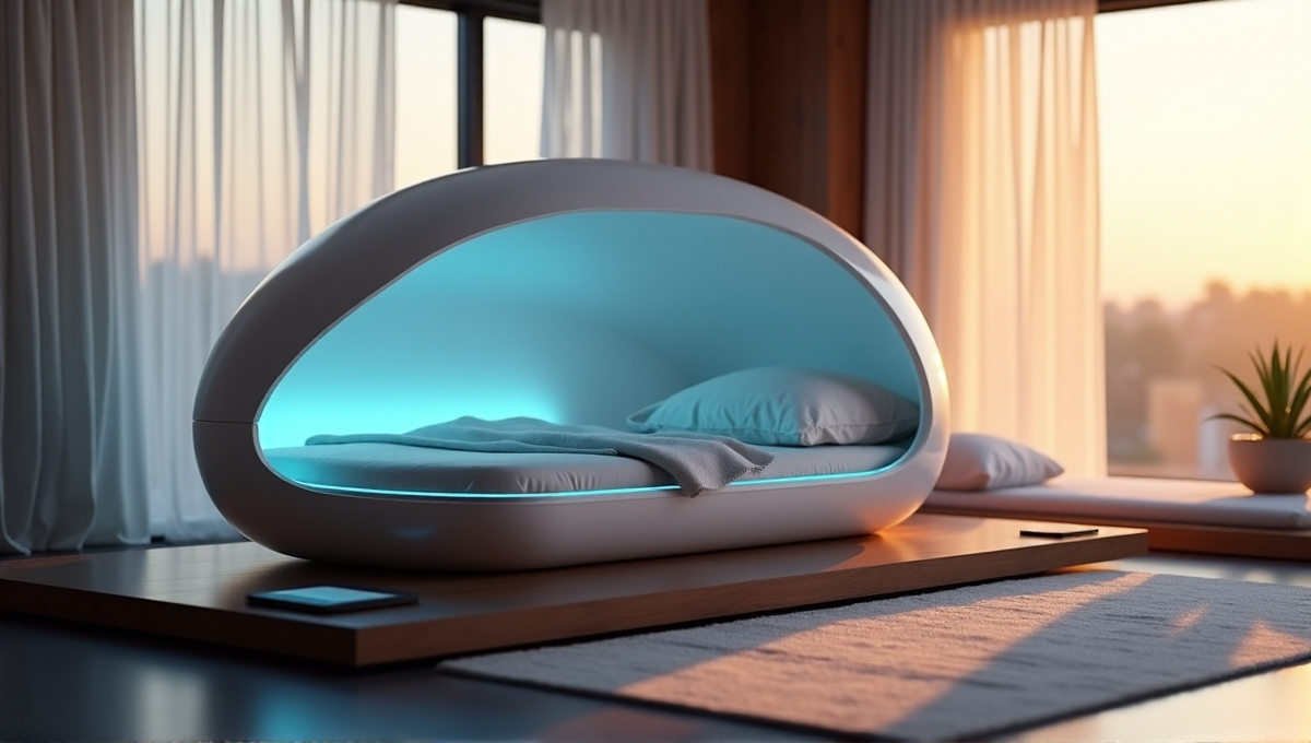 A serene bedroom featuring a sleek smart sleep system, an advanced egg-shaped sleep pod with soft blue LED lighting, surrounded by plush bedding and high-tech devices, set against a warm golden hour backdrop.