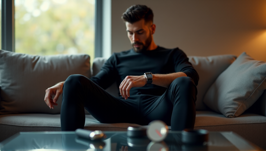"Close-up portrait of a person wearing health monitoring wearables, surrounded by wellness tech devices in a dimly lit room."