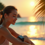 "A young woman relaxes on a serene beach at sunset, wearing a sleek black smartwatch with silver earbuds, prioritizing wellness tech and self-care."