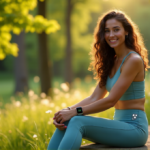 "Unlock Effortless Wellness with Smart Devices: Top Gadgets for a Balanced Life" "A serene woman sits on a natural stone bench in a lush forest, surrounded by tall trees and wildflowers, wearing light blue cotton clothes with an Apple Watch and Fitbit tracking her vital signs."