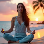 "Unlock Mental Wellbeing Success with Top Devices for a Calmer Mind" "A serene woman meditates on a beach at sunset, wearing pastel blue yoga outfit with silver smartwatch, surrounded by ocean waves and palm tree."