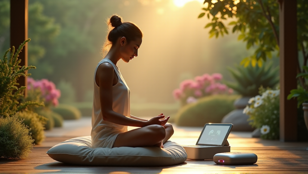 "A serene woman meditates in a peaceful Zen garden, surrounded by lush greenery and flowers, with Calmio's sleek mental wellbeing gadgets nearby."