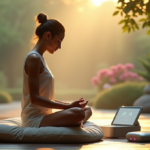 "Find Inner Peace with Calmio's Top Mental Wellbeing Gadgets for a Smarter You" "A serene woman meditates in a peaceful Zen garden, surrounded by lush greenery and flowers, with Calmio's sleek mental wellbeing gadgets nearby."