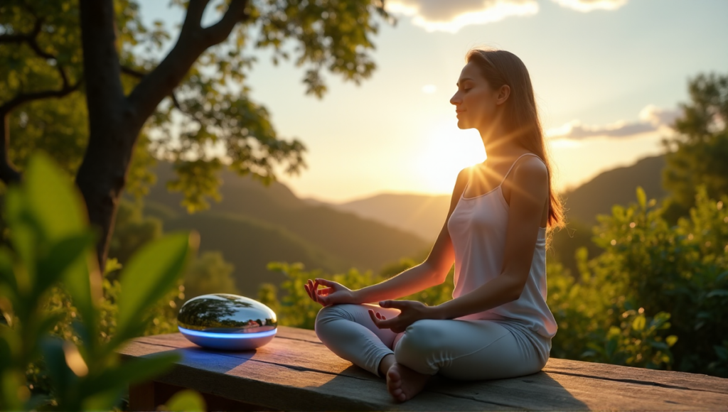 "A serene woman sits on a natural stone bench amidst lush greenery, using a sleek silver meditation device emitting soft blue light."