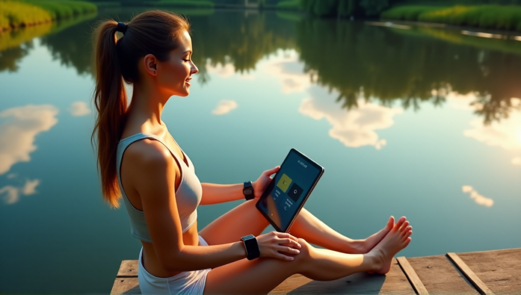 "A serene woman sits on a wooden dock surrounded by lush greenery, using wellness tech to track her fitness goals with a smartwatch and tablet."