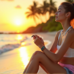"Unlock Your Optimal Health with Top Wellness Apps and Gadgets: Essential Tools for a Balanced Life" "A young woman sits on a serene beach at sunset, surrounded by lush greenery, holding an Apple Watch and portable fitness tracker, exuding relaxation and wellness tech commitment."