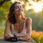 "Unlock Optimal Health with Smart Devices: Top Picks for a Balanced Life" "A serene woman sits on a natural stone bench surrounded by lush greenery, with her hands placed gently on smart devices displaying synchronized wellness data in a peaceful outdoor setting."