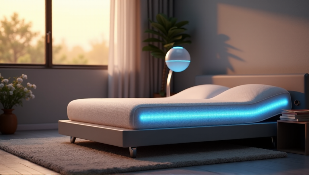 "A serene bedroom at dusk featuring a high-tech smart mattress with embedded LED lights and a hovering sleep-tracking device, surrounded by calming decor and natural elements, showcasing wellness tech in action."