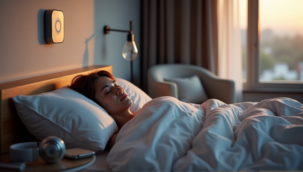 "A serene bedroom at dusk featuring a person sleeping peacefully on a plush bed surrounded by wellness tech solutions."