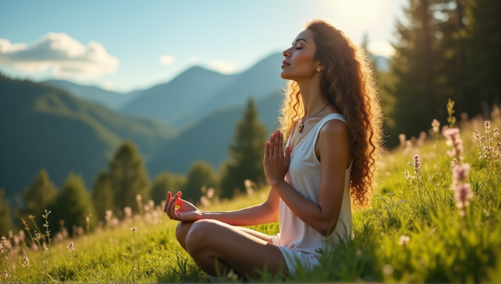 "A serene woman in nature, exuding inner peace and balance, surrounded by vibrant wildflowers and towering trees, symbolizing harmony with wellness tech."
