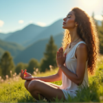 Top Wellness Apps for Holistic Balance and Inner Peace "A serene woman in nature, exuding inner peace and balance, surrounded by vibrant wildflowers and towering trees, symbolizing harmony with wellness tech."