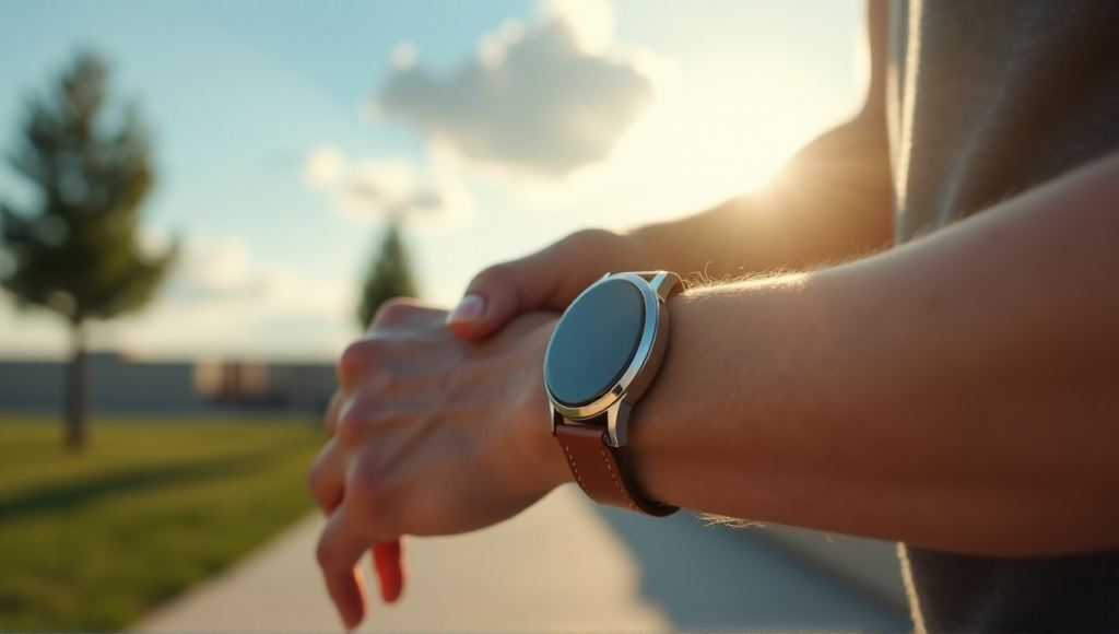 "A person wearing a sleek silver smartwatch on their wrist in a serene outdoor setting during golden hour, showcasing wellness tech."