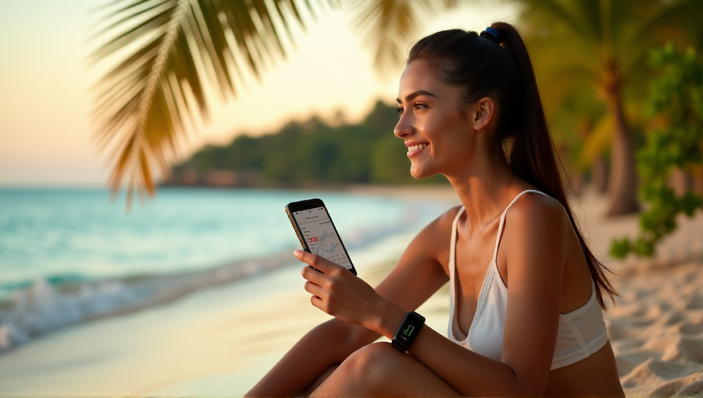 "A young woman relaxes on a beach at sunset, surrounded by lush greenery and palm trees, wearing wellness tech accessories while gazing out at the ocean."