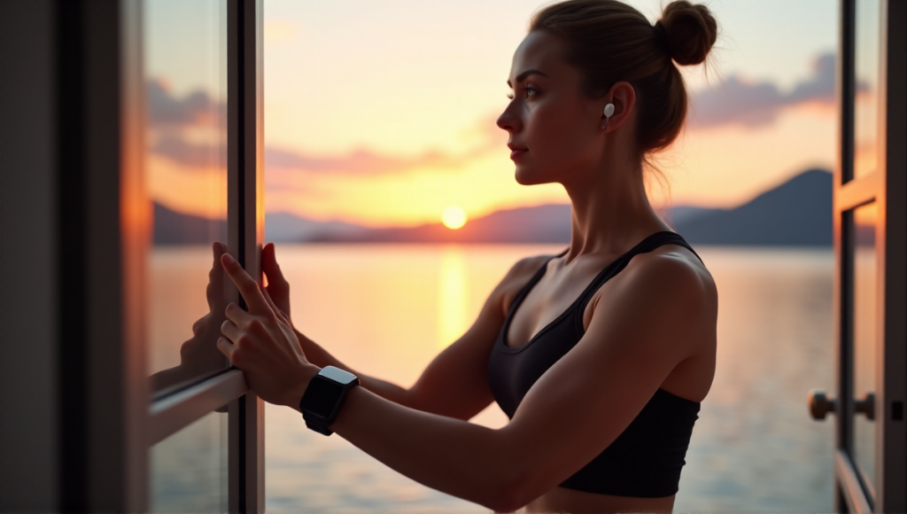 A young woman stands confidently in front of a serene lake at sunrise, wearing a sleek black smartwatch and high-tech earbuds, exuding determination and self-assurance amidst a minimalist home gym setting, showcasing wellness tech in action.
