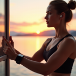 "Unlock Your Optimal Health with Top Health Monitoring Wearables" A young woman stands confidently in front of a serene lake at sunrise, wearing a sleek black smartwatch and high-tech earbuds, exuding determination and self-assurance amidst a minimalist home gym setting, showcasing wellness tech in action.