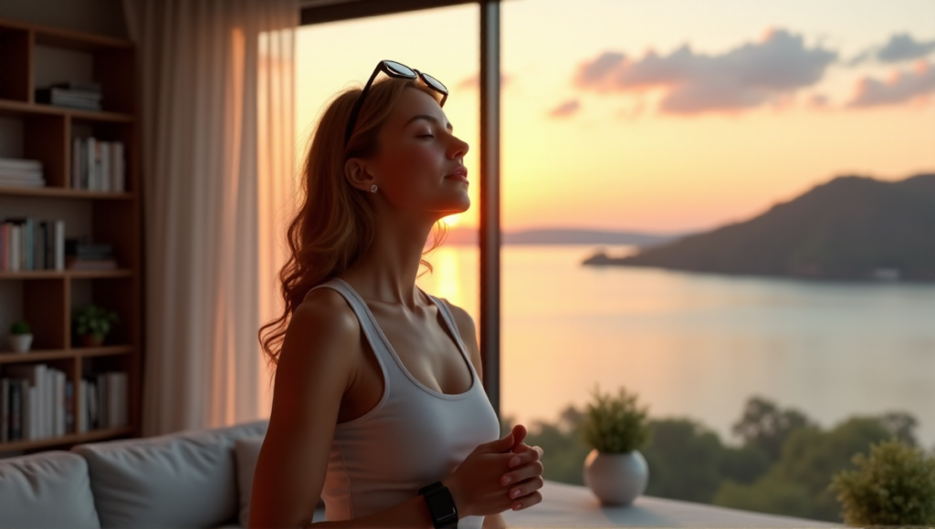 "A young woman stands confidently in front of a serene lake view at sunset, wearing sleek black sports watch and high-tech smart glasses, exuding inner peace and wellness amidst minimalist living room with health books and plants."