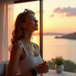 "Unlock Your Optimal Health with Advanced Wearable Tech: Top Health Monitoring Wearables for Seamless Wellness" "A young woman stands confidently in front of a serene lake view at sunset, wearing sleek black sports watch and high-tech smart glasses, exuding inner peace and wellness amidst minimalist living room with health books and plants."