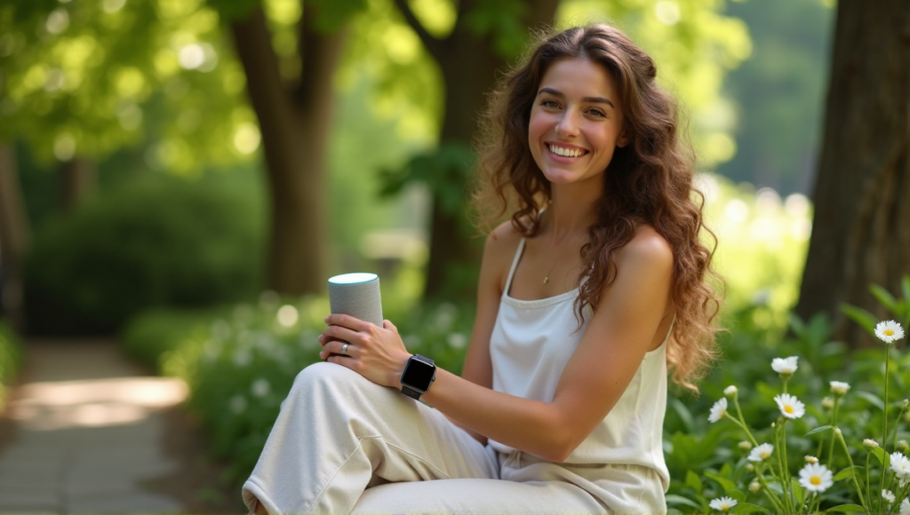 "A serene woman sits on a natural stone bench amidst lush greenery, holding an Apple Watch and Amazon Echo smart speaker, embodying wellness through technology integration."