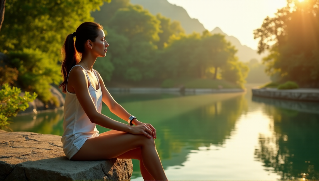 "A serene woman sits on a natural stone bench amidst lush greenery, wearing a sleek silver Zenon smartwatch, gazing out at a tranquil lake during golden hour."