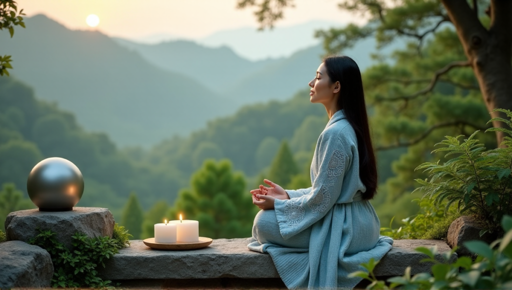 "A serene woman sits on a natural stone bench amidst lush greenery, surrounded by calming wellness tech devices, including a meditation ball, essential oil diffuser, and candles."