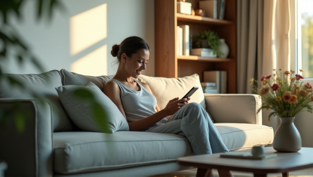 "A person sits comfortably on a gray couch, surrounded by lush greenery and natural light, engaged with their smartphone in a serene living room featuring modern wellness tech."
