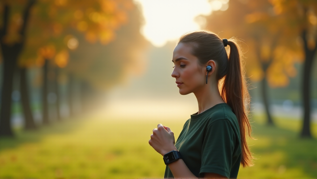 "A woman in her mid-30s stands in a serene park setting, wearing sleek health monitoring earbuds and a black sports watch, surrounded by autumn foliage."