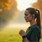 Unlock Your Optimal Health with Best Health Monitoring Wearables for Seamless Wellness "A woman in her mid-30s stands in a serene park setting, wearing sleek health monitoring earbuds and a black sports watch, surrounded by autumn foliage."