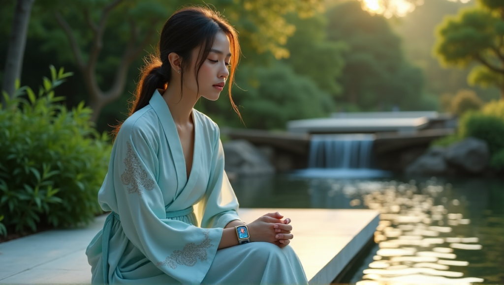 "A serene woman sits on a white marble bench in a lush Japanese garden at dawn, wearing a pale blue robe with intricate embroidery, cradling a sleek silver smartwatch."