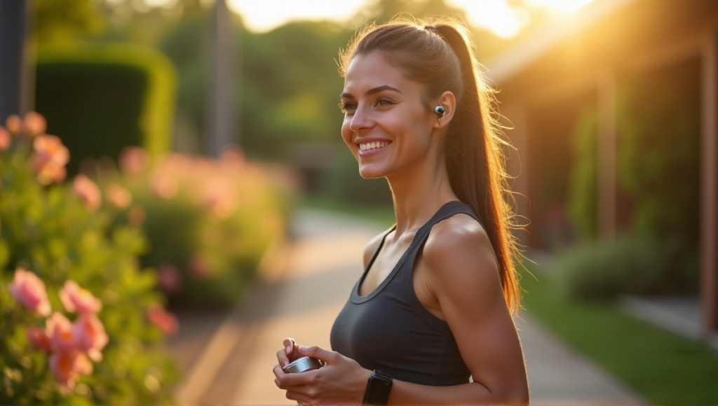 "A young woman stands confidently in a serene outdoor environment, surrounded by lush greenery, wearing fitness gadgets and holding a smart tracker, embodying wellness tech."