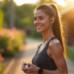 Smart Gadgets for a Smarter, Happier You: Unlock Ultimate Fitness and Wellness Potential "A young woman stands confidently in a serene outdoor environment, surrounded by lush greenery, wearing fitness gadgets and holding a smart tracker, embodying wellness tech."