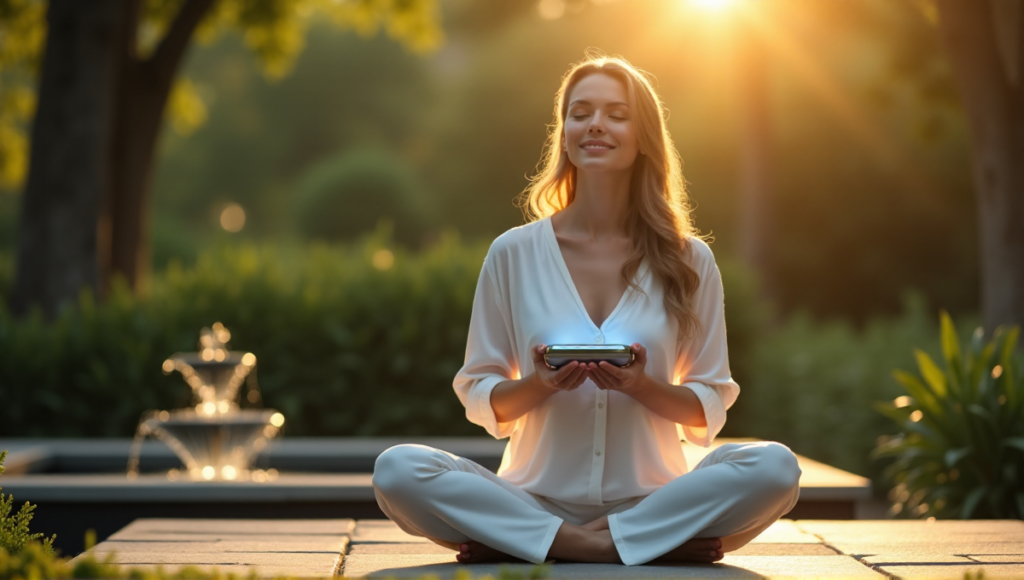 "A serene woman meditates on a stone patio surrounded by lush greenery, using sleek wellness tech with soft blue glow."