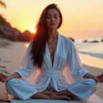 "A serene woman meditates on a tranquil beach at sunrise with mindfulness gadgets: crystal mat, noise-cancelling headphones, and essential oils box."