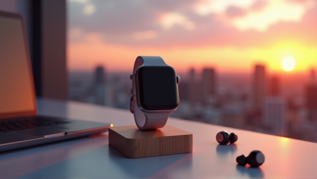 "A sleek silver smartwatch on a wooden stand against a warm beige background, surrounded by high-tech gadgets in a blurred cityscape at sunset, showcasing wellness tech."
