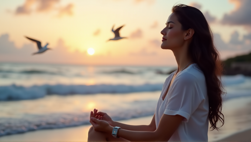 "A serene woman meditates on a tranquil beach at sunset, surrounded by ocean waves and seagulls, wearing a sleek silver meditation watch with an LED display."