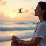 "A serene woman meditates on a tranquil beach at sunset, surrounded by ocean waves and seagulls, wearing a sleek silver meditation watch with an LED display."
