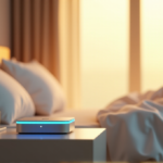 Recharge Faster with Smart Sleep Technology Innovations for Better Rest A serene bedroom scene featuring a sleek smart sleep tracker on a minimalist nightstand amidst soft linens and calming objects, showcasing wellness tech in action.