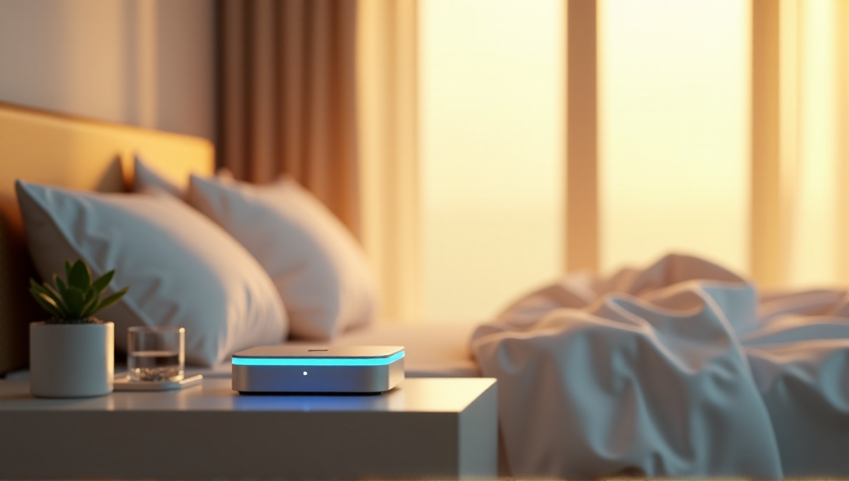 A serene bedroom scene featuring a sleek smart sleep tracker on a minimalist nightstand amidst soft linens and calming objects, showcasing wellness tech in action.