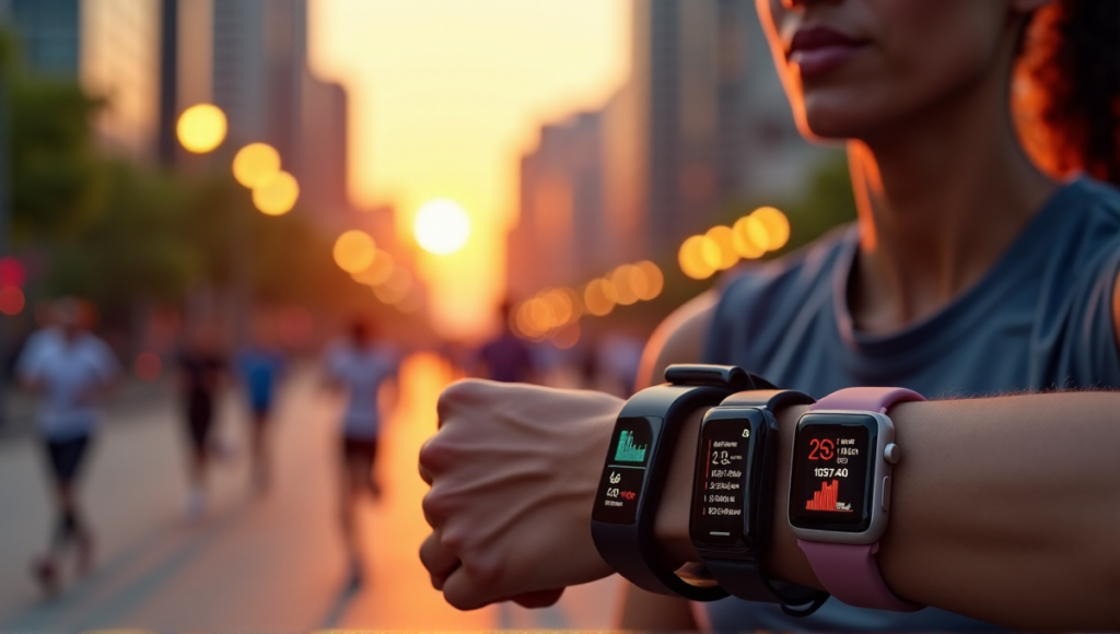 "A person wearing multiple high-end fitness trackers on their wrist, engaged in various physical activities against a blurred cityscape at sunset."