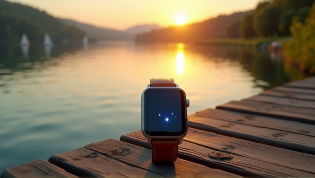 "A sleek silver smartwatch on a weathered wooden dock near a serene lake at sunset, surrounded by sailboats and lush greenery."
