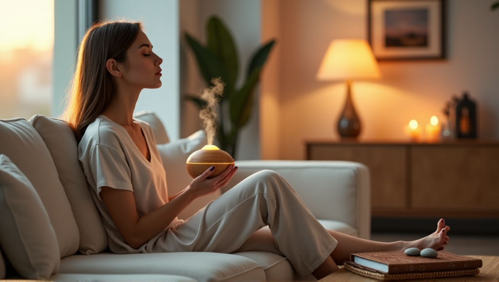 "A serene woman practices mindfulness on a plush couch surrounded by calming wellness tech gadgets, including an essential oil diffuser, soothing stones, and a journal."