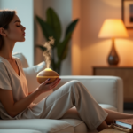 Master Mental Wellbeing with Essential Gadgets for a Calmer Mind "A serene woman practices mindfulness on a plush couch surrounded by calming wellness tech gadgets, including an essential oil diffuser, soothing stones, and a journal."