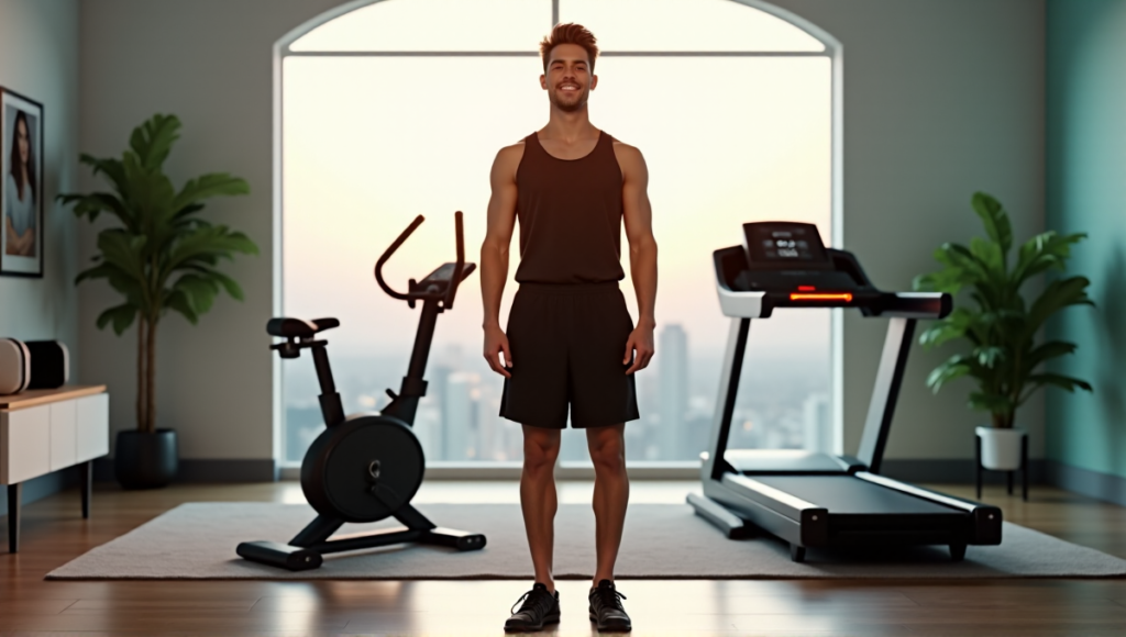 "Image of a young adult male in a minimalist home gym surrounded by cutting-edge fitness equipment and gadgets, showcasing wellness tech for a healthier lifestyle."