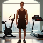 Smarter Fitness Tools for a Healthier You: Zenon's Top Picks "Image of a young adult male in a minimalist home gym surrounded by cutting-edge fitness equipment and gadgets, showcasing wellness tech for a healthier lifestyle."