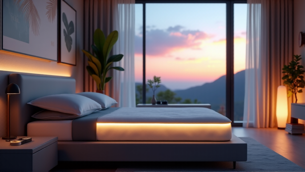 "A serene bedroom featuring a sleek silver smart mattress with LED glow, surrounded by high-tech bedside console and calming artwork, showcasing wellness tech innovations."